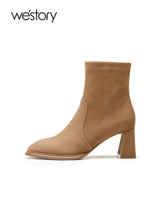 westory质感粗高跟短靴瘦瘦靴2022年秋冬小方头法式靴子女82331 商品图2
