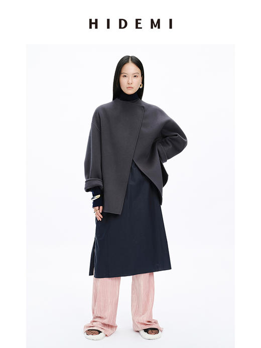 HIDEMI 美利奴双面羊毛不对称设计感翻领大衣 商品图2