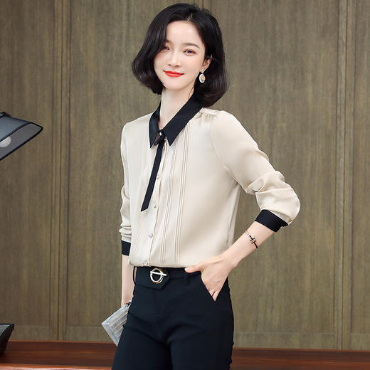 缎面衬衫女真丝飘带可卸新款时尚拼色洋气两穿重磅真丝衬衫 商品图0