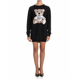 MOSCHINO 莫斯奇诺 女士羊毛经典小熊印花圆领长袖针织裙 黑色 0482 5402 0555