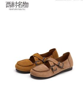 西村名物2022年新款牛皮单鞋女鞋软底软面平底鞋复古奶奶鞋19951