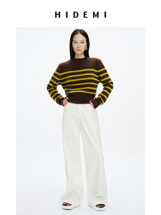 HIDEMI美利奴羊毛撞色条纹厚款粗针毛衣 商品图2
