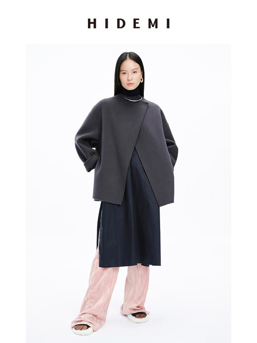 HIDEMI 美利奴双面羊毛不对称设计感翻领大衣 商品图4