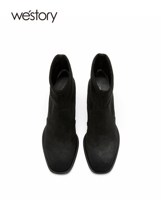 westory质感粗高跟短靴瘦瘦靴2022年秋冬小方头法式靴子女82331 商品图3