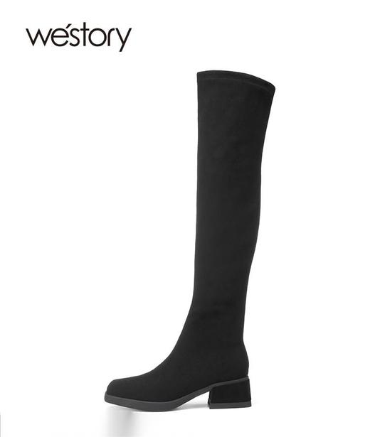 westory22年秋冬新款黑色时髦方头粗跟长靴过膝弹力瘦瘦靴82251 商品图3