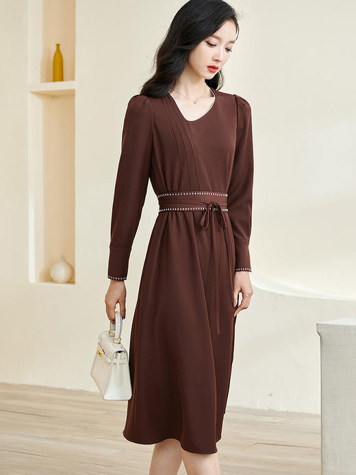 剩S/M/L/XL/XXL 米思阳2026春季新款气质通勤咖色连衣裙系带收腰长袖中长裙子2891 商品图2