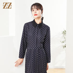 佐尔美秋季新款 蕾丝领菱形印花气质连衣裙E11LL31