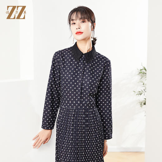 佐尔美秋季新款 蕾丝领菱形印花气质连衣裙E11LL31 商品图0