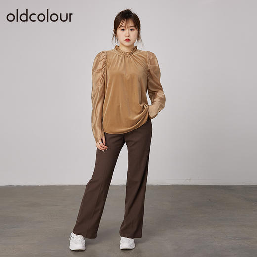 oldcolour2021秋商场同款宽松显瘦纯色荷叶领长袖T恤女N34023408 商品图1