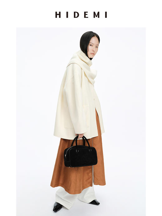 HIDEMI 美利奴双面羊毛极简大廓形口袋分体围巾式中长口袋大衣 商品图5