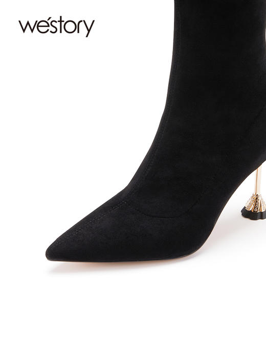 westory22年新款尖头细高跟气质秋冬黑色百搭绒面短筒靴子女82311 商品图2
