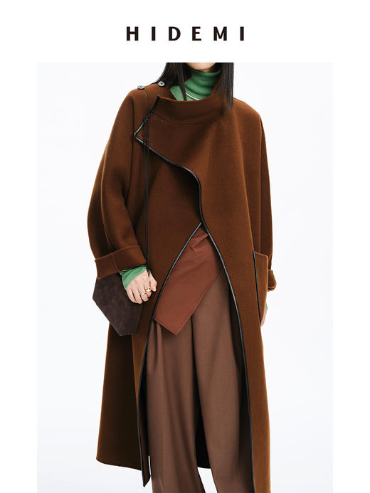 HIDEMI 不对称斜门襟设计感皮边镶嵌工艺大衣 商品图5