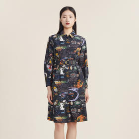 谜底2022秋新款复古趣味印花A型宽松中长款连衣裙长袖女223ML1124