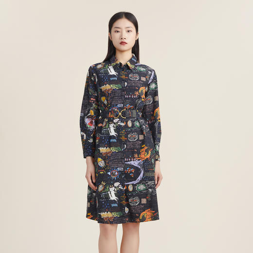 谜底2022秋新款复古趣味印花A型宽松中长款连衣裙长袖女223ML1124 商品图0