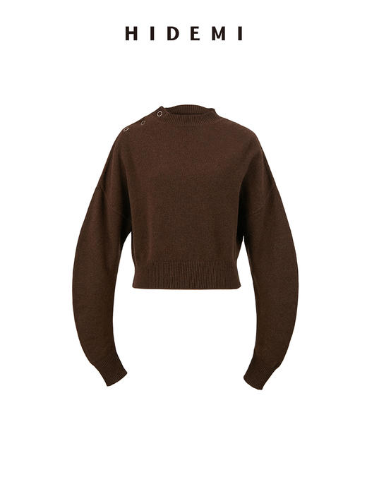 HIDEMI美利奴羊毛纽扣羊腿弧形袖极简毛衣 白色/巧克力色 商品图7