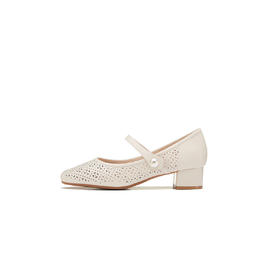 西村名物2022年夏玛丽珍女鞋真皮中跟妈妈单鞋镂空粗跟奶奶鞋X22AH10091