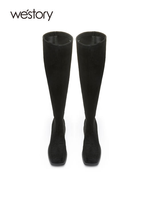 westory22年秋冬新款黑色时髦方头粗跟长靴过膝弹力瘦瘦靴82251 商品图2