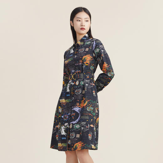 谜底2022秋新款复古趣味印花A型宽松中长款连衣裙长袖女223ML1124 商品图1