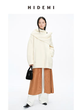 HIDEMI 美利奴双面羊毛极简大廓形口袋分体围巾式中长口袋大衣