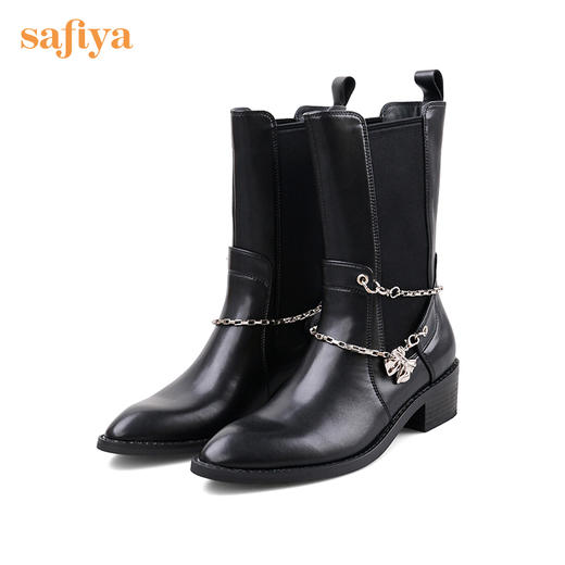 Safiya/索菲娅 中筒靴2022年冬季新品设计感小众链条炸街尖头切尔西靴 SF24116116 商品图7