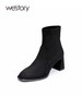 westory质感粗高跟短靴瘦瘦靴2022年秋冬小方头法式靴子女82331 商品缩略图1