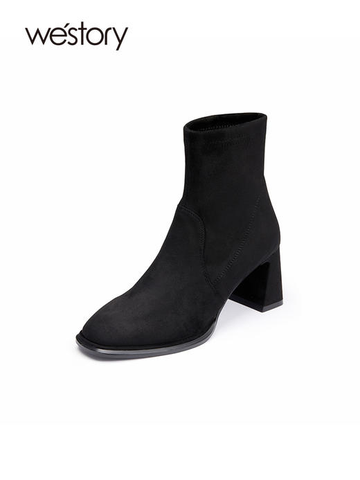 westory质感粗高跟短靴瘦瘦靴2022年秋冬小方头法式靴子女82331 商品图1
