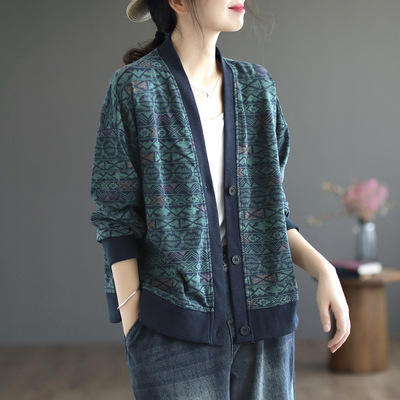 GK-25.13.31 秋季女装新品文艺毛圈休闲卫衣开衫复古拼接印花长袖外套 商品图0