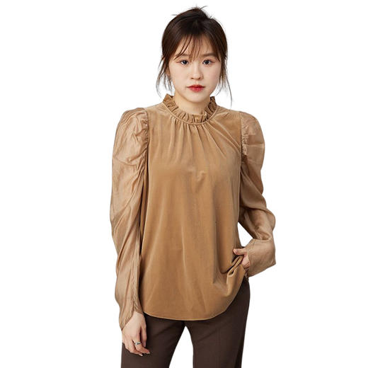 oldcolour2021秋商场同款宽松显瘦纯色荷叶领长袖T恤女N34023408 商品图4