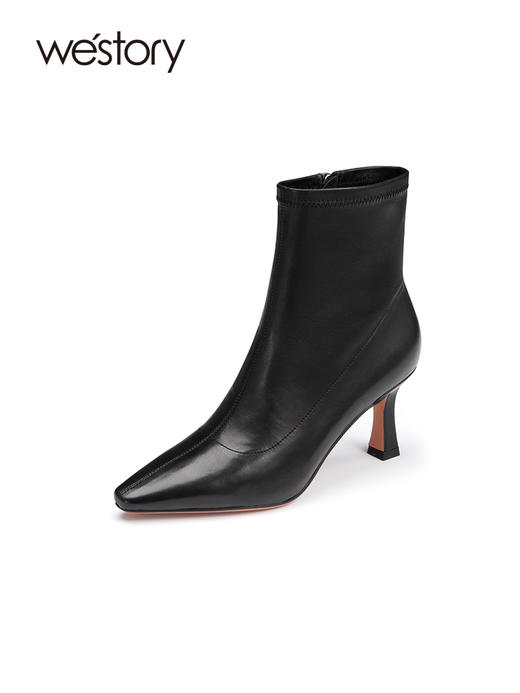 westory高级感真皮细高跟侧拉链短靴瘦瘦靴22年秋冬新款女82401 商品图1