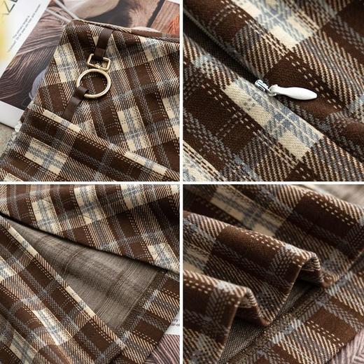 欧芮儿咖色格子半身裙女2021春秋新款高腰气质复古中长款开叉裙子 商品图7