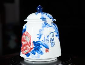 青花釉里红大寿茶叶罐