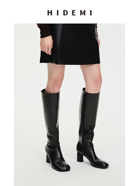 HIDEMI 牛皮圆头粗跟长靴 黑色/白色/波尔多红