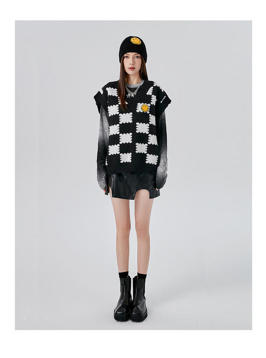 [韩国潮牌] SMILEY 正品微笑秋冬新品几何图案提花笑脸刺绣V领马甲毛衣522 商品图2