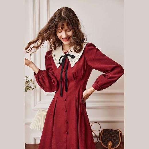 欧芮儿酒红色连衣裙女秋冬新款2021收腰显瘦气质复古灯芯绒茶歇裙 商品图2