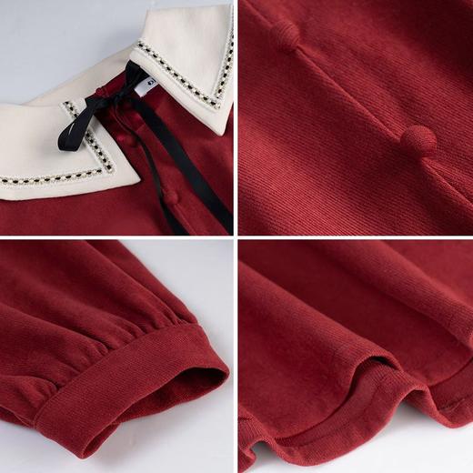 欧芮儿酒红色连衣裙女秋冬新款2021收腰显瘦气质复古灯芯绒茶歇裙 商品图7