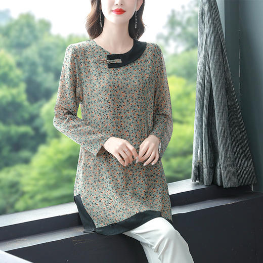 KQL A83N6063棉麻提花衬衫宽松遮肚盘扣民族风碎花 商品图1