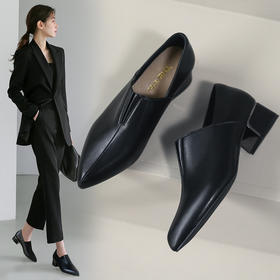 ZHR2022年秋冬新款英伦风黑色粗跟小皮鞋女复古时尚尖头通勤单鞋