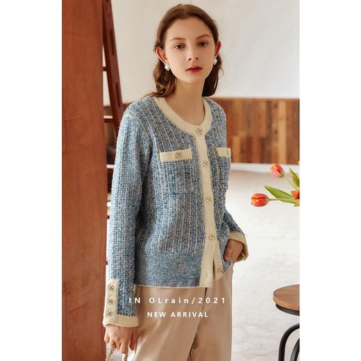 欧芮儿小香风开衫毛衣外套2021秋冬新款宽松显瘦气质蓝色外穿上衣 商品图4