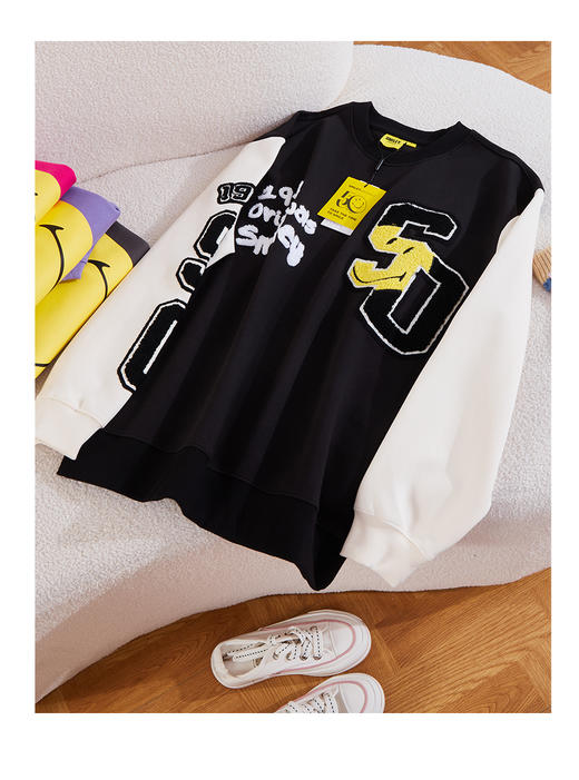 [韩国潮牌] SMILEY 正品微笑秋冬新品撞色袖字母印花笑脸毛巾刺绣圆领卫衣503 商品图1