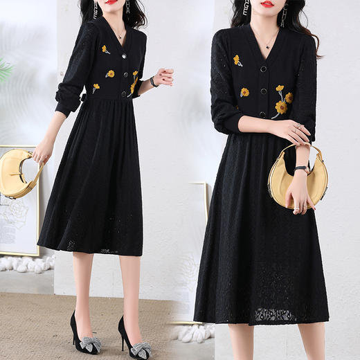 新款洋气，刺绣百搭显瘦小v领立体纹路毛衣拼接连衣裙HR-YBER2288 商品图6