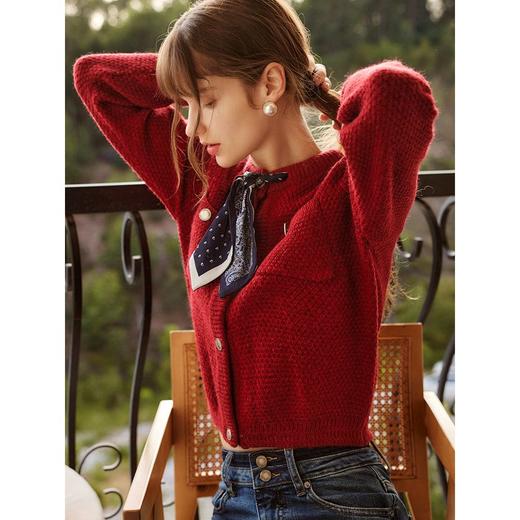 】欧芮儿红色开衫毛衣外套女秋冬新款2021宽松显瘦外穿复古针织上衣 商品图1