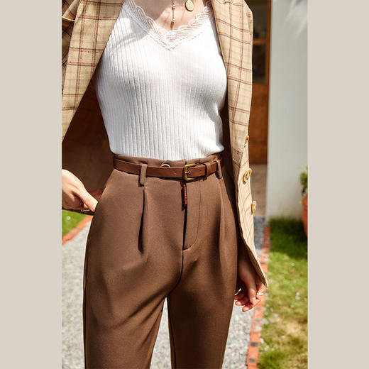 欧芮儿咖色休闲裤女秋季新款2021高腰显瘦气质简约垂感直筒九分裤 商品图2