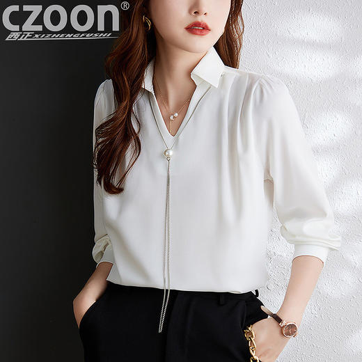 XZ-Q6695设计感项链V领丝绸缎面长袖衬衫女初秋气质真丝打底白衬衫上衣 商品图1