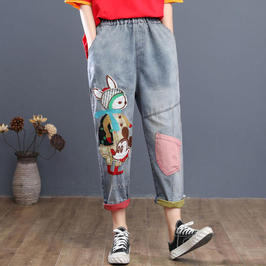HY-哈伦老爹裤 复古宽松牛仔七分裤女夏季薄款高腰卡通刺绣宽松大码哈伦老爹裤潮 商品图0