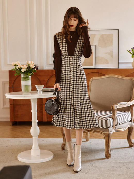 欧芮儿格子背带连衣裙女秋季2022年新款收腰气质减龄小香风鱼尾裙 商品图0