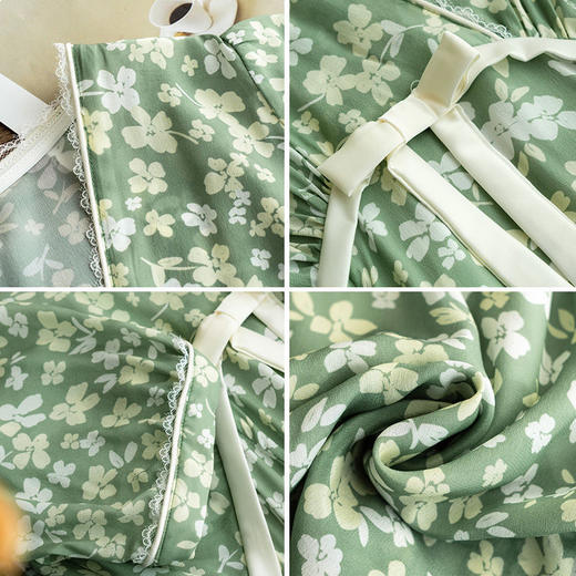 欧芮儿碎花雪纺连衣裙2021新夏收腰显瘦气质V领蝴蝶结法式绿色裙 商品图7