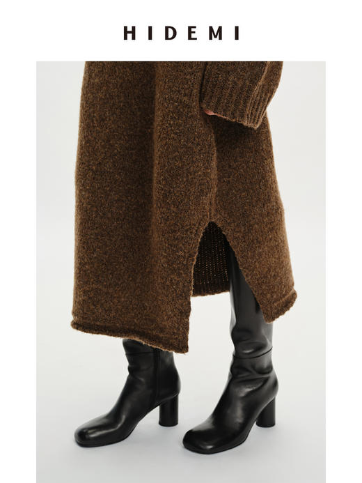 HIDEMI 牛皮圆头粗跟长靴 黑色/白色/波尔多红 商品图5