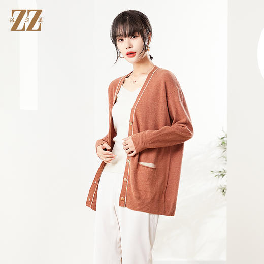 秋季新款 橘红气质艺术图案开衫羊毛衫女E14MS12 商品图1