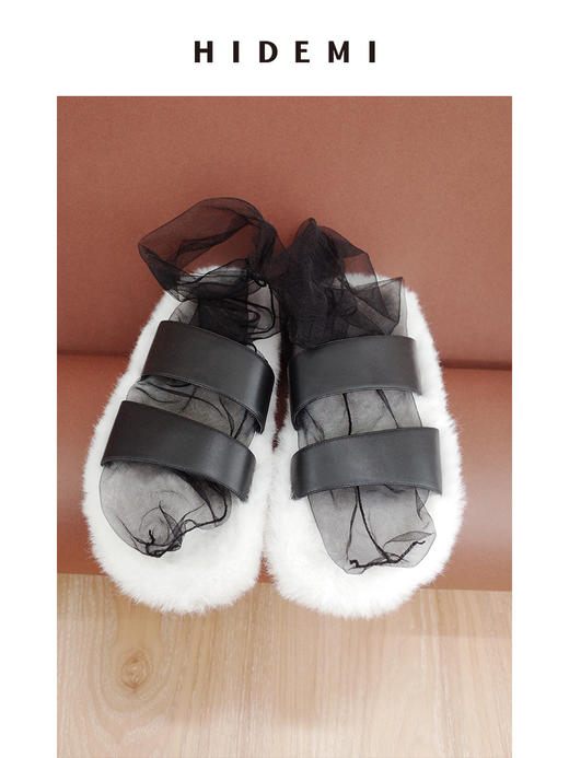 HIDEMI 毛毛底小羊皮设计感拖鞋 白毛/紫毛 商品图0