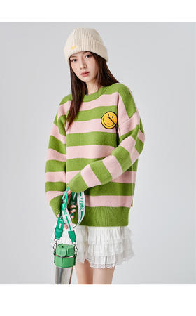 [韩国潮牌] SMILEY 正品微笑秋冬新品经典笑脸毛巾绣流苏间色圆领毛衣519